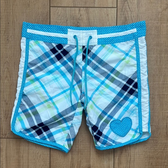 Vintage Justice girls Blue Plaid Swim Shorts with Heart Patch size girls 14 - Picture 1 of 5
